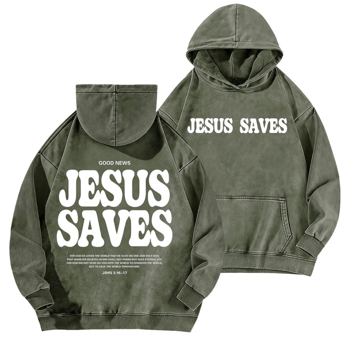 Christianartworkshop Jesus Saves Good News Front And Back Washed Hoodie - Army Green - 5XL - image 6