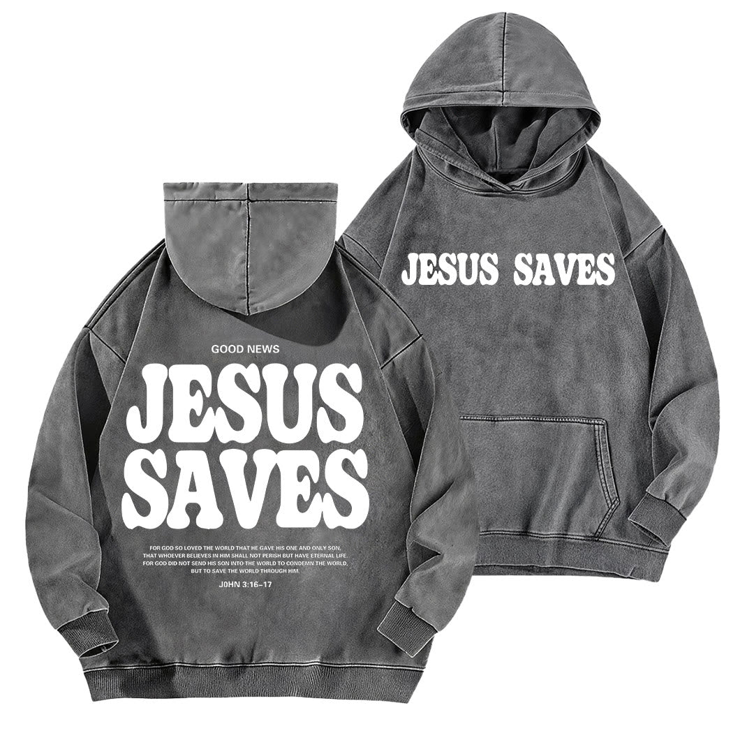 Christianartworkshop Jesus Saves Good News Front And Back Washed Hoodie - Grey - 5XL - image 3