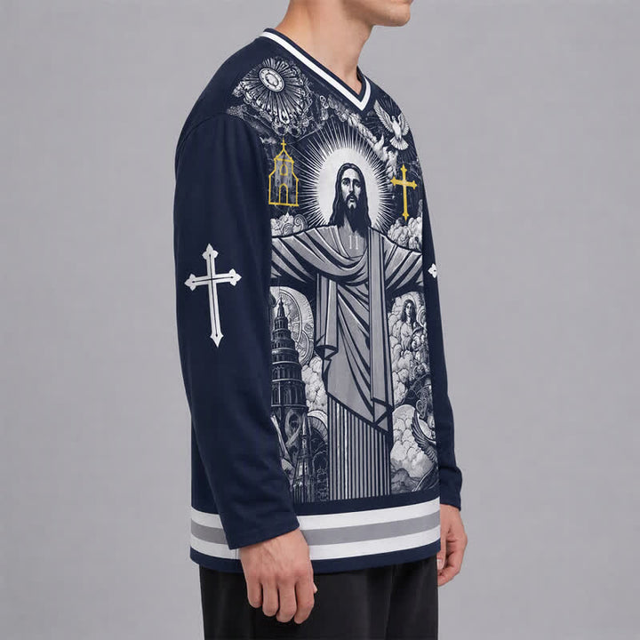 Christianartworkshop Jesus 23 Navy Streetwear Long Sleeve Hockey Jersey - image 6