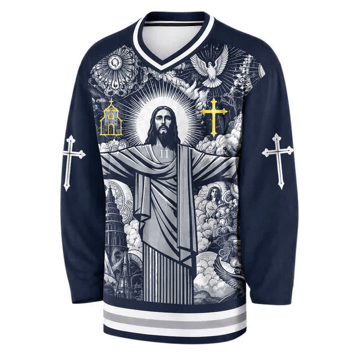 Christianartworkshop Jesus 23 Navy Streetwear Long Sleeve Hockey Jersey - image 2
