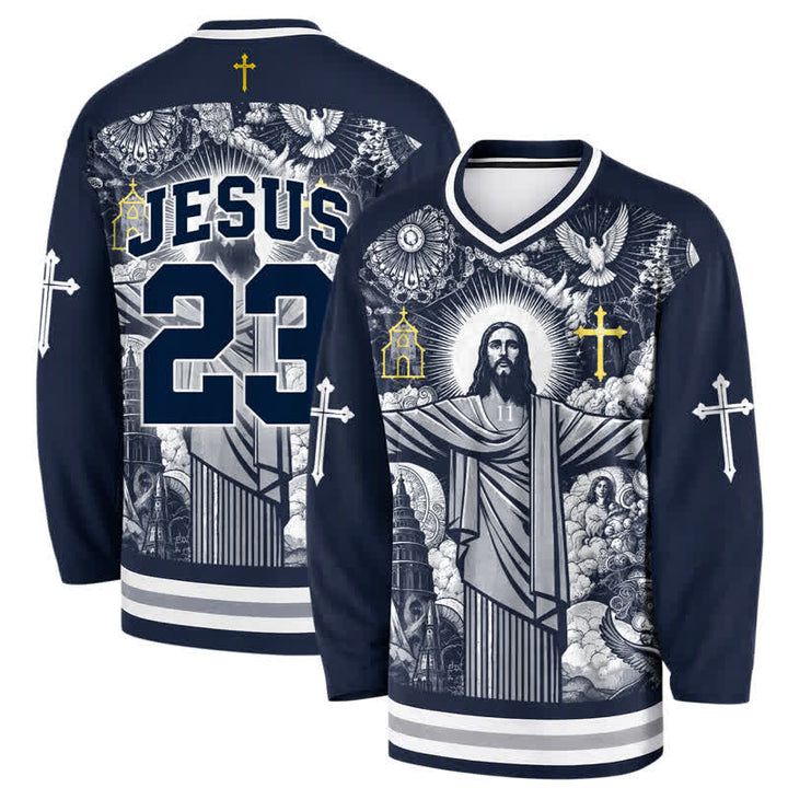 Christianartworkshop Jesus 23 Navy Streetwear Long Sleeve Hockey Jersey - 5XL - image 0