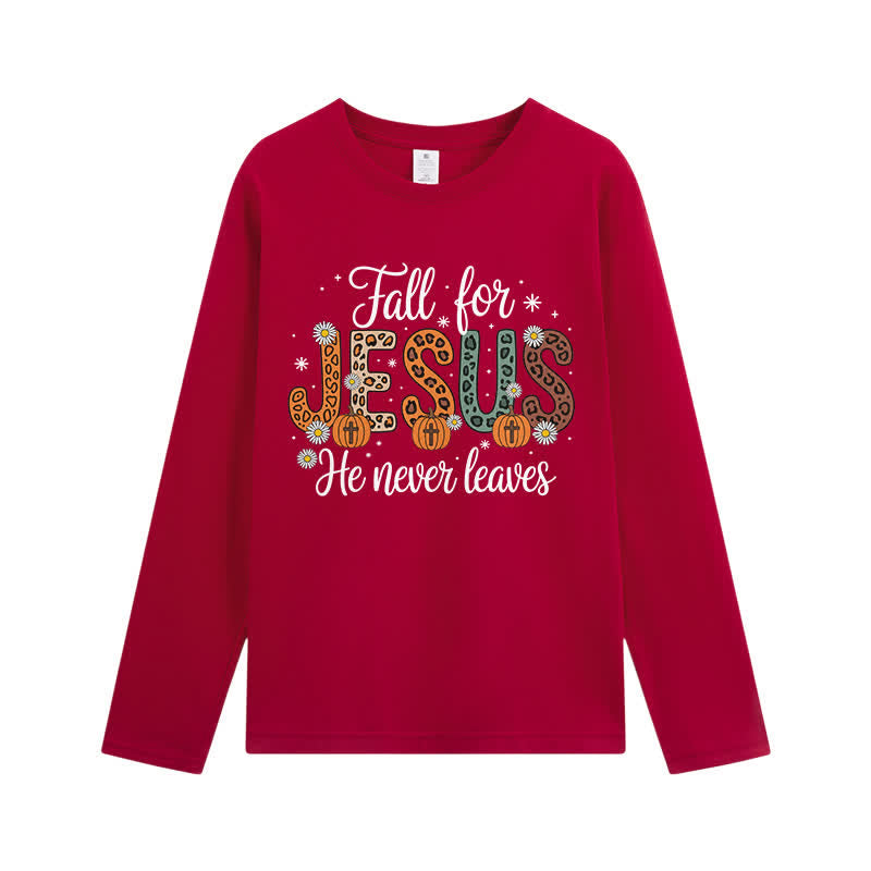 Christianartworkshop Fall For Jesus He Never Leaves Graphic Long Sleeve T-Shirt - Wine - 4XL - image 5