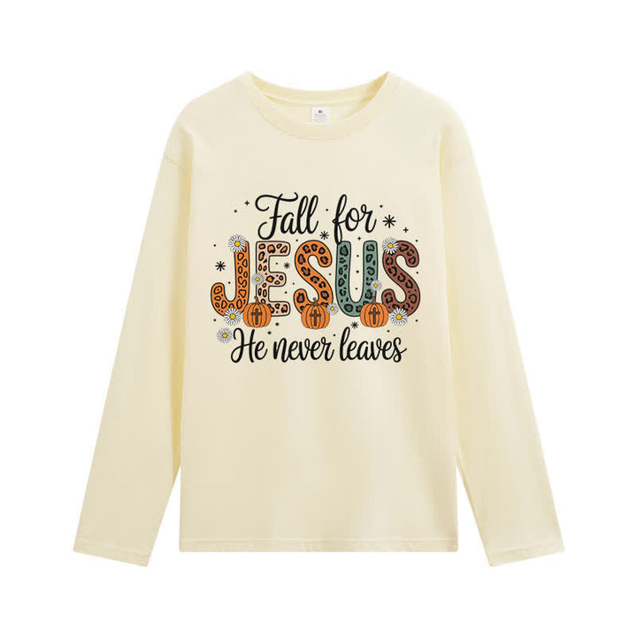 Christianartworkshop Fall For Jesus He Never Leaves Graphic Long Sleeve T-Shirt - Beige - 4XL - image 1