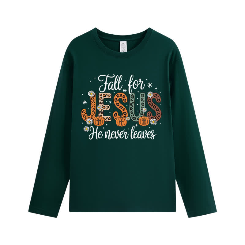 Christianartworkshop Fall For Jesus He Never Leaves Graphic Long Sleeve T-Shirt - Dark Green - 4XL - image 4