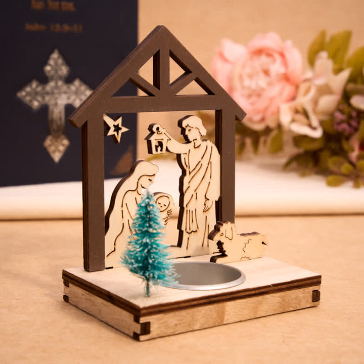 Christianartworkshop Nativity Stable Wooden Candle Decor : Emblem of Quiet Christmas Blessing - image 1