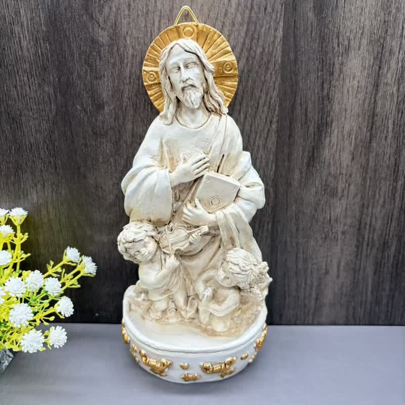 Christianartworkshop Vintage Carved Jesus & Cherub Holy Water Font: Emblem of Gentle Heavenly Guidance - Jesus & Cherub Angels - image 0