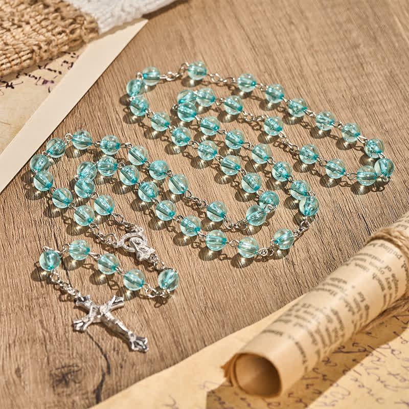 Christianartworkshop Our Lady & Crucifix of 8mm Round Acrylic Blue Alloy Chain Rosary - Blue - image 0