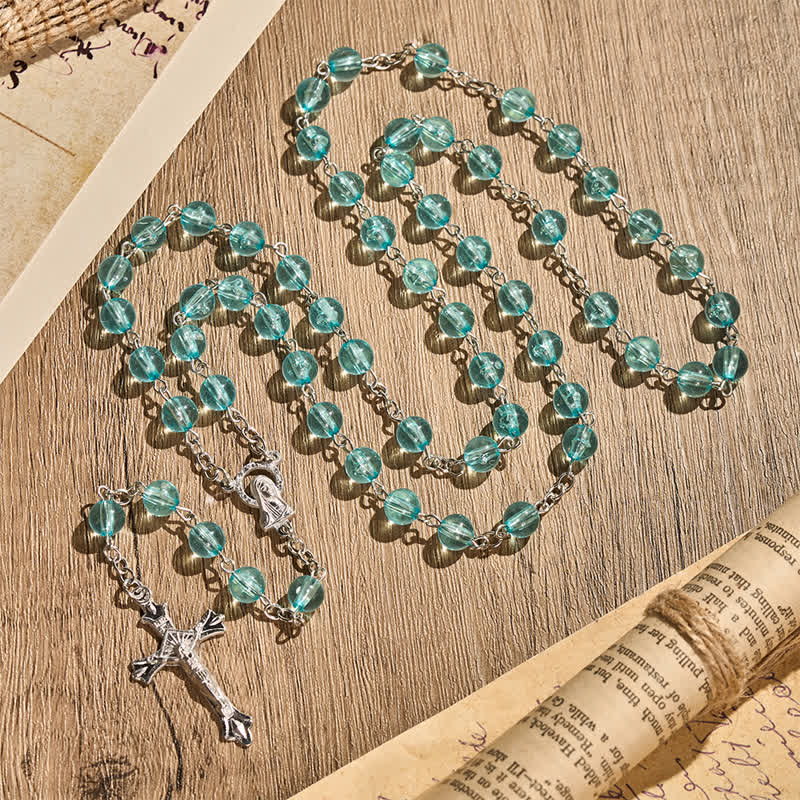 Christianartworkshop Our Lady & Crucifix of 8mm Round Acrylic Blue Alloy Chain Rosary - image 3