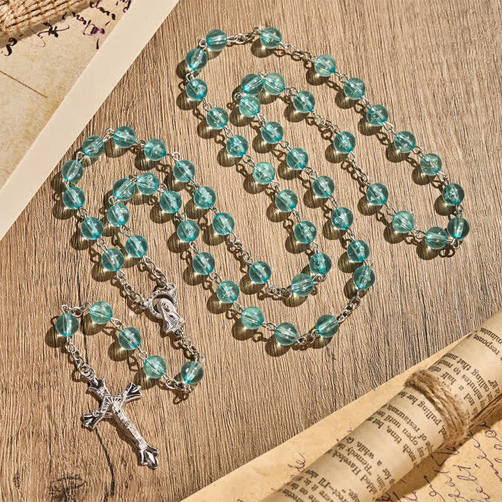Christianartworkshop Our Lady & Crucifix of 8mm Round Acrylic Blue Alloy Chain Rosary - image 3