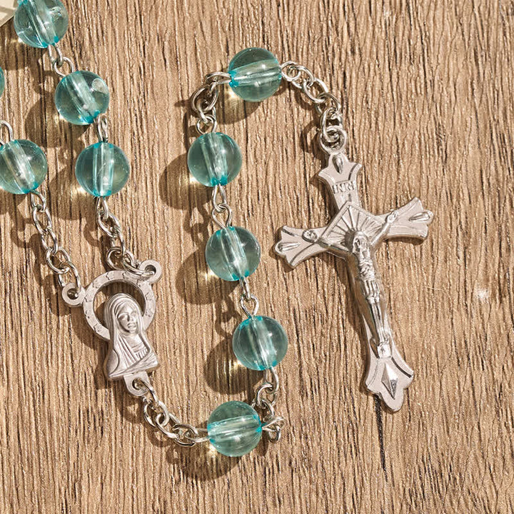 Christianartworkshop Our Lady & Crucifix of 8mm Round Acrylic Blue Alloy Chain Rosary - image 4