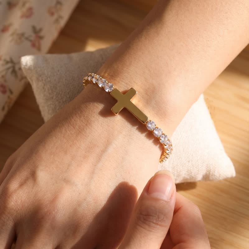Christianartworkshop Sleek Stainless Steel Cross Tennis Bracelet: Beacon of Quiet Heavenly Fortitude - Golden - image 2