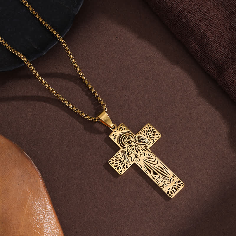 Christianartworkshop Detailed Etched Our Lady Cross Pendant Necklace: Bearer of Calming Divine Solace - Golden - image 2