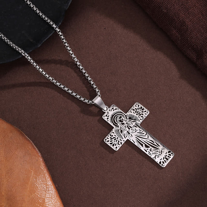 Christianartworkshop Detailed Etched Our Lady Cross Pendant Necklace: Bearer of Calming Divine Solace - Silver - image 3