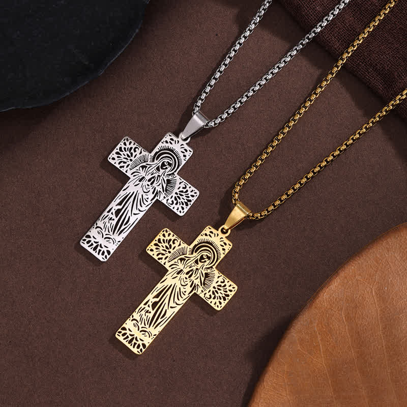 Christianartworkshop Detailed Etched Our Lady Cross Pendant Necklace: Bearer of Calming Divine Solace - image 1