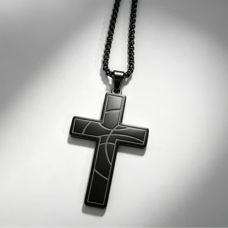 Christianartworkshop Modern Engraved Stainless Steel Cross Necklace: Bearer of Quiet Heavenly Comfort - Black - image 1