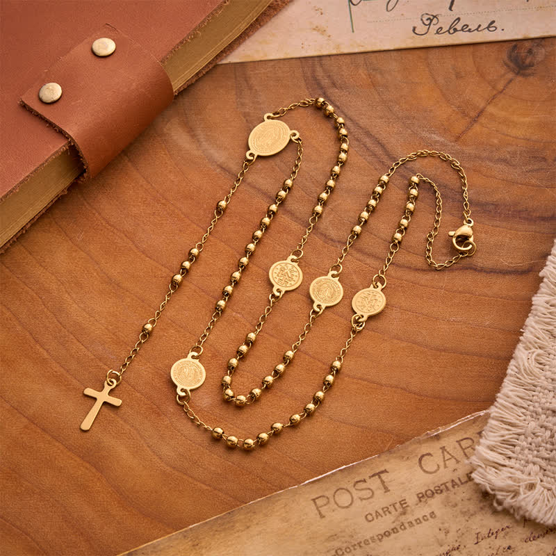 Christianartworkshop Our Lady Medal & Cross Ball Chain Rosary: Token of Gentle Divine Comfort - Golden - image 4