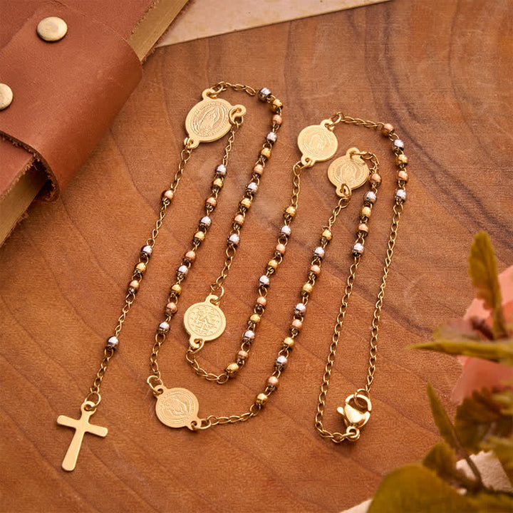 Christianartworkshop Our Lady Medal & Cross Ball Chain Rosary: Token of Gentle Divine Comfort - Golden & Silver & Rose - image 0