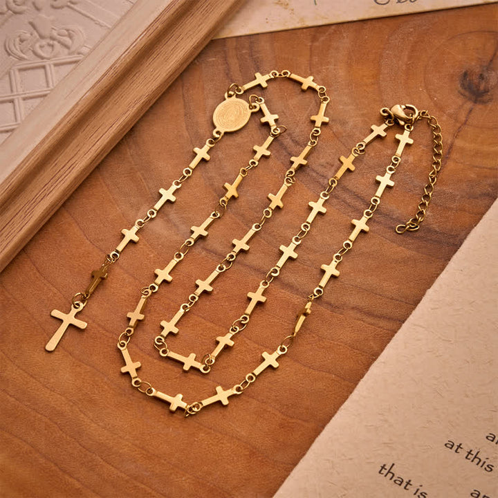 Christianartworkshop Our Lady Medal Cross Link Rosary: Token of Gentle Divine Comfort - Golden - Our Lady & Cross A - image 0