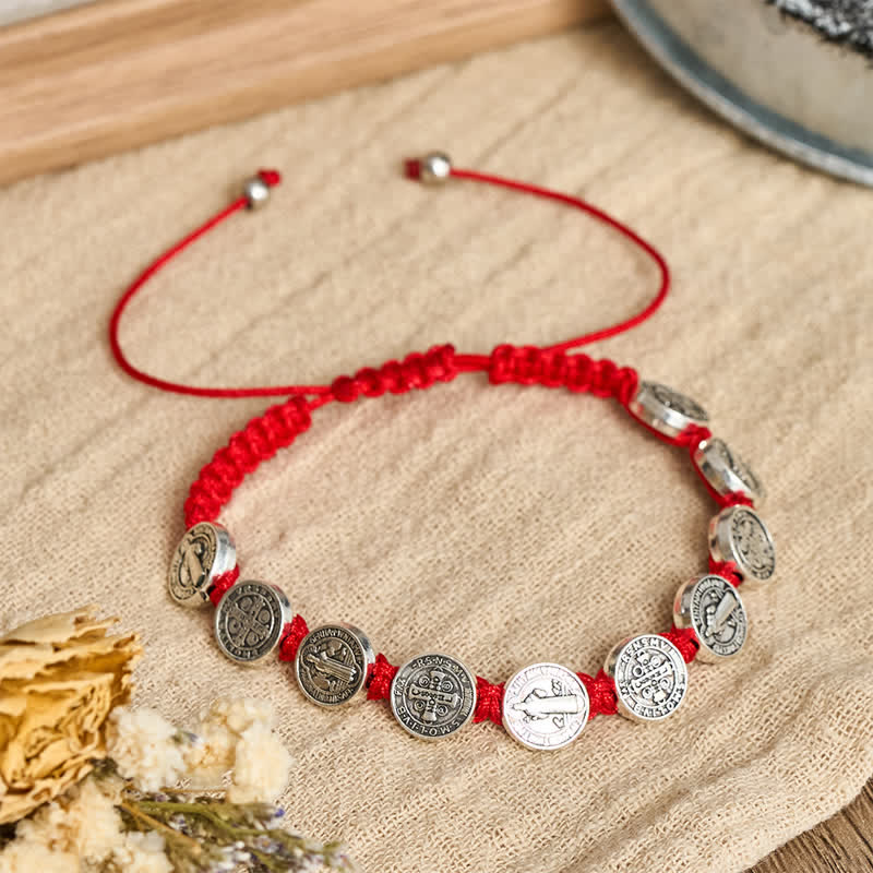 Christianartworkshop St Benedict Medal Braided Devotional Bracelet: Token of Gentle Divine Comfort - Red - image 0