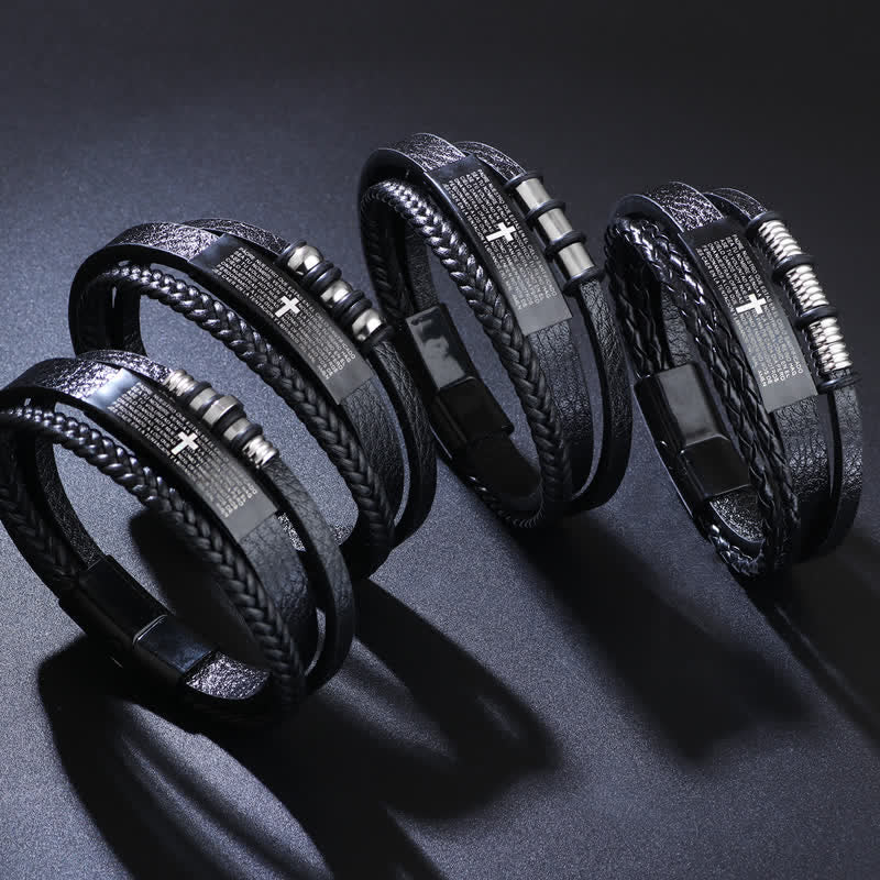 Christianartworkshop Scripture Engraved Cross PU Leather Stack Bracelet: Token of Gentle Divine Comfort - image 0