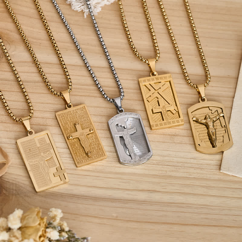 Christianartworkshop Masculine Engraved Dog Tag Necklace With Crucifix: Emblem of Heavenly Gentle Favor - image 0