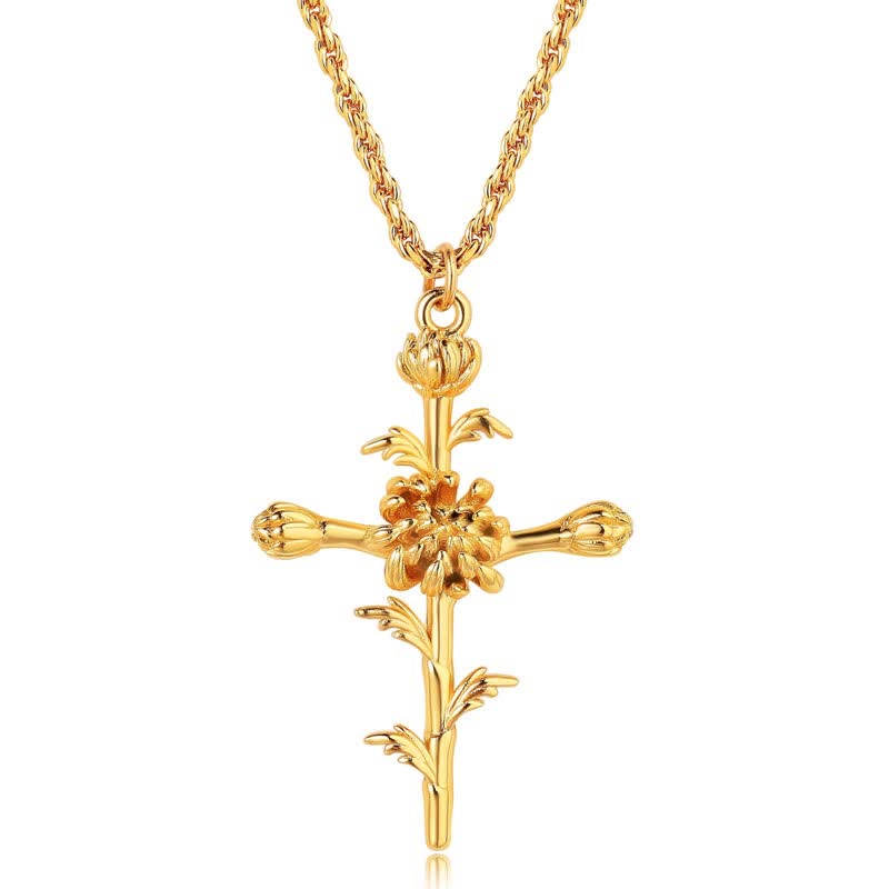 Christianartworkshop Polished Zinc Alloy Birth Flower Cross Necklace: Icon of Warm Heavenly Blessing - Chrysanthemum - image 12