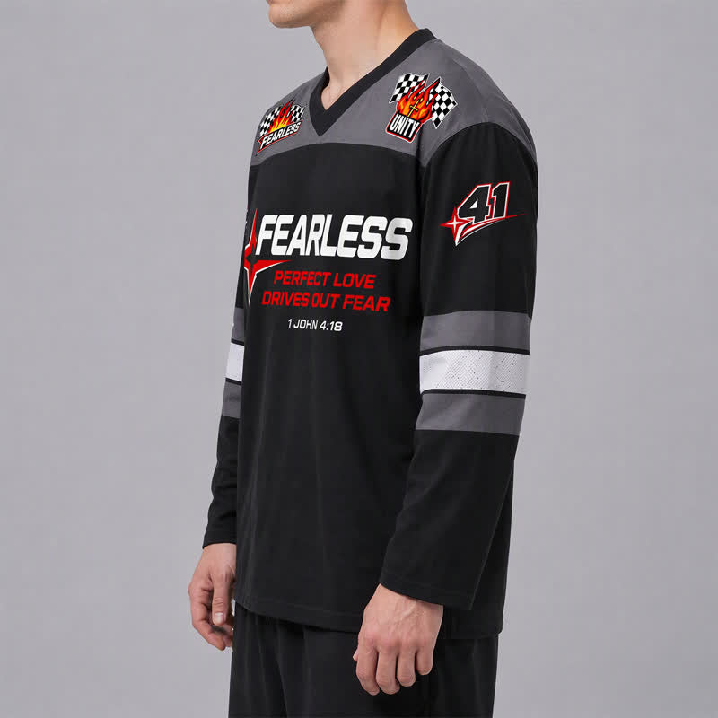 Christianartworkshop Fearless Black Racing Flag Long Sleeve Hockey Jersey - image 5