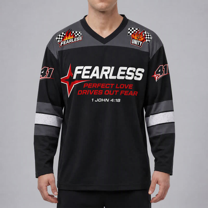 Christianartworkshop Fearless Black Racing Flag Long Sleeve Hockey Jersey - image 3