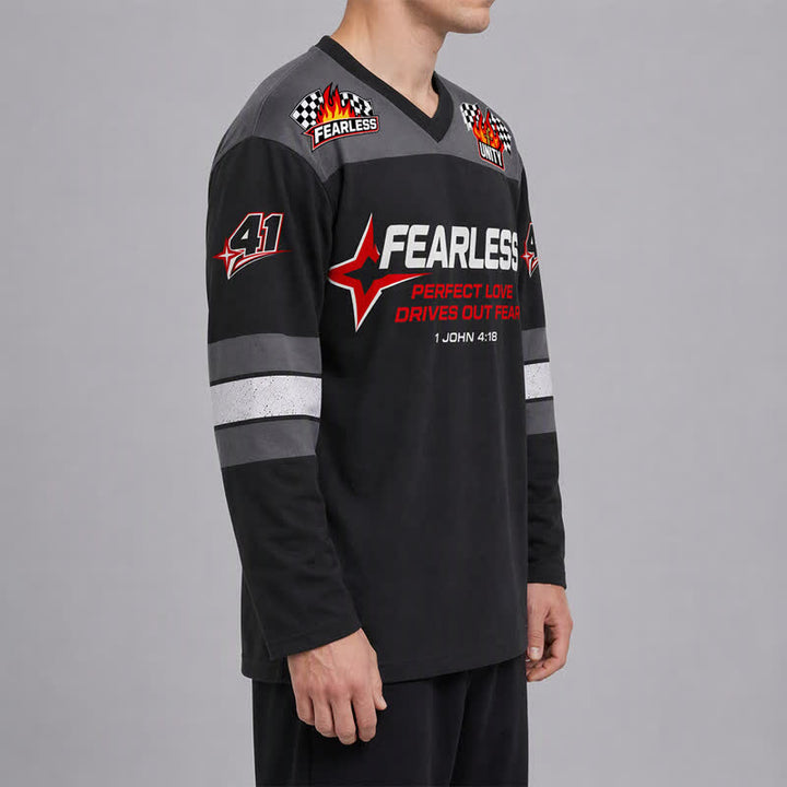 Christianartworkshop Fearless Black Racing Flag Long Sleeve Hockey Jersey - image 6