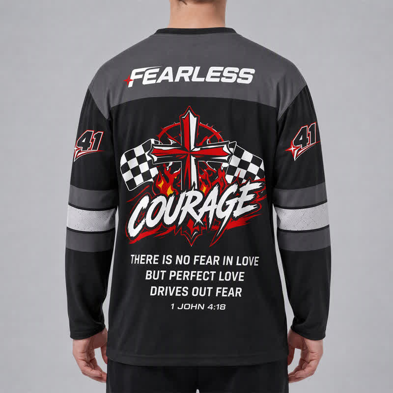 Christianartworkshop Fearless Black Racing Flag Long Sleeve Hockey Jersey - image 4
