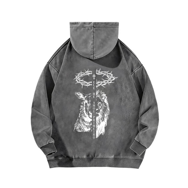 Christianartworkshop Crown Of Thorns Cross Graphic Beige Washed Hoodie - image 7