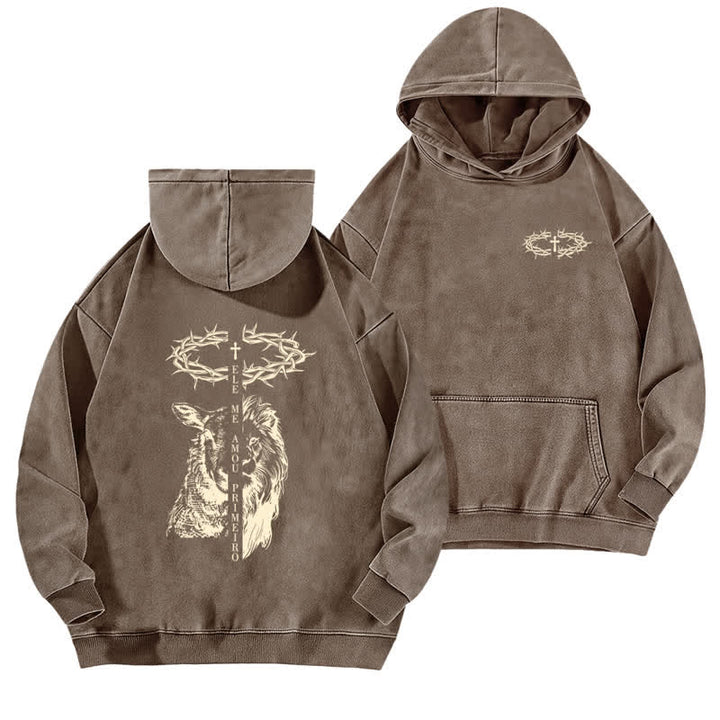 Christianartworkshop Crown Of Thorns Cross Graphic Beige Washed Hoodie - Coffee - 5XL - image 12