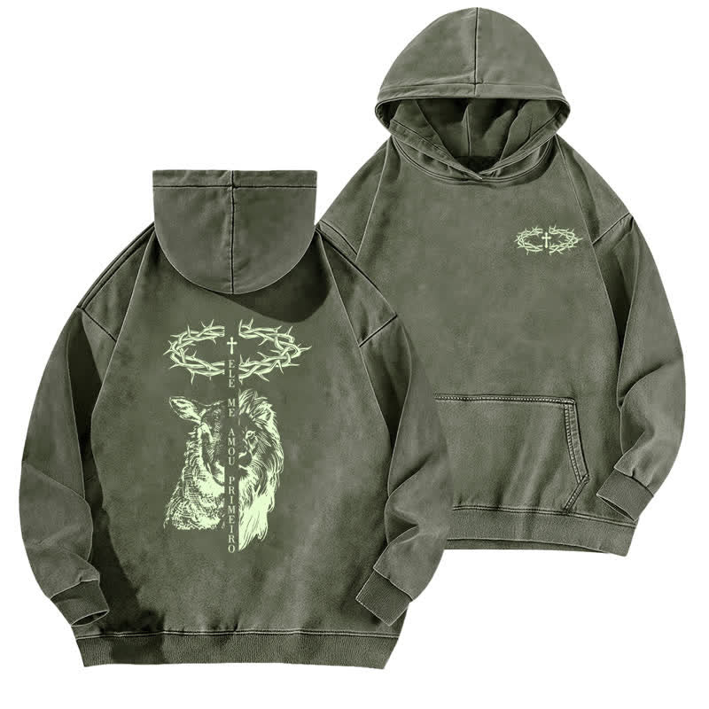 Christianartworkshop Crown Of Thorns Cross Graphic Beige Washed Hoodie - Army Green - 5XL - image 9