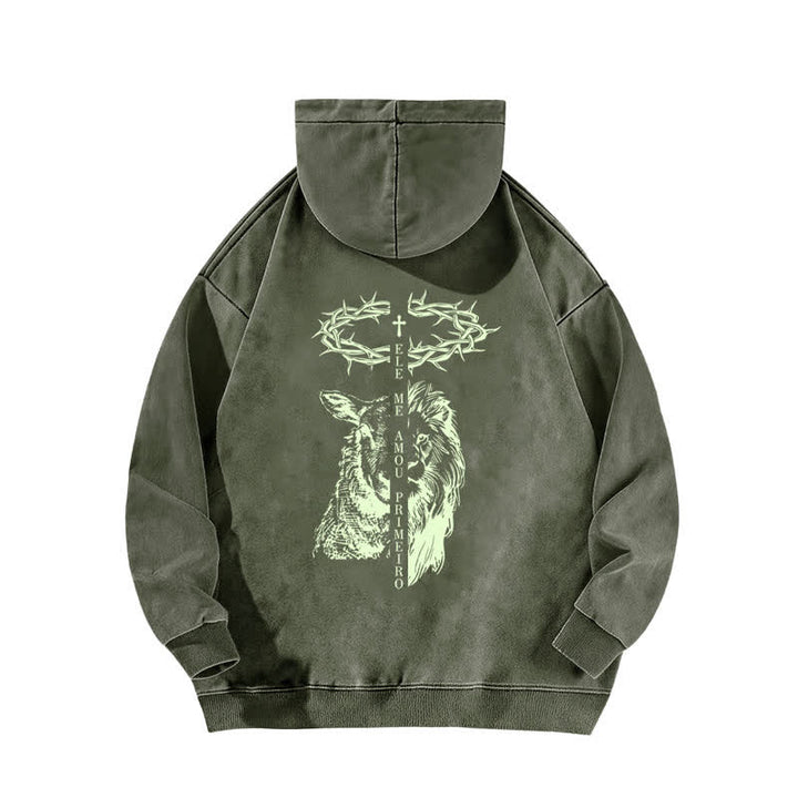 Christianartworkshop Crown Of Thorns Cross Graphic Beige Washed Hoodie - image 10