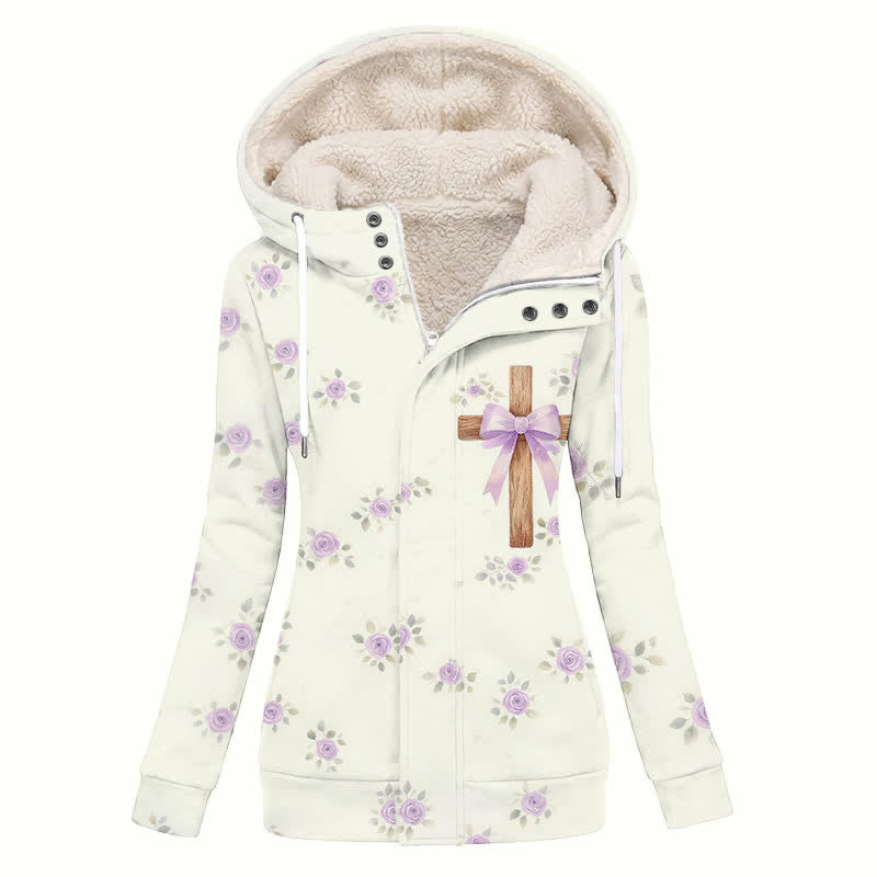 Christianartworkshop Floral Cross Hooded Cozy Women's Fleece Coat - US16,UK/AU20,EU48(4XL) - image 0