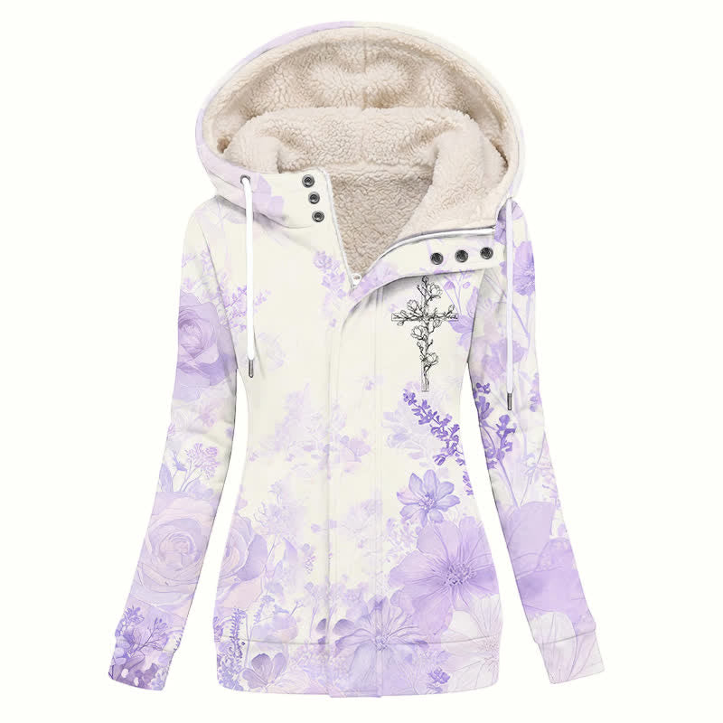 Christianartworkshop Lavender Floral Cross Sherpa Lined Hooded Women's Fleece Coat - US16,UK/AU20,EU48(4XL) - image 0