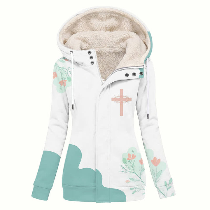 Christianartworkshop Floral Cross Hooded Sherpa Lined Women's Fleece Coat - US16,UK/AU20,EU48(4XL) - image 0