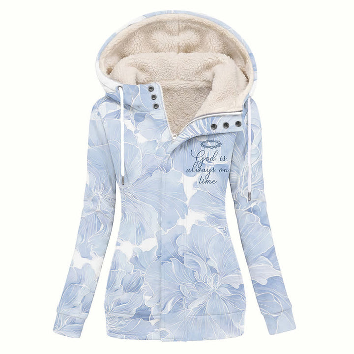 Christianartworkshop God Is Always On Time Blue Floral Hooded Fleece Coat - US16,UK/AU20,EU48(4XL) - image 0