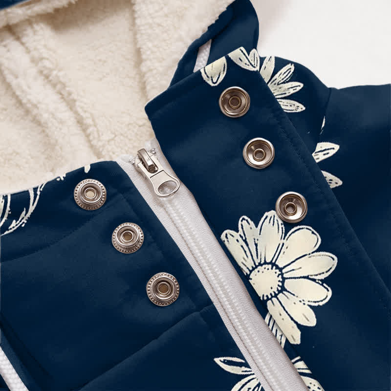 Christianartworkshop Navy Daisy Print Hooded Zip Women's Fleece Coat - image 3
