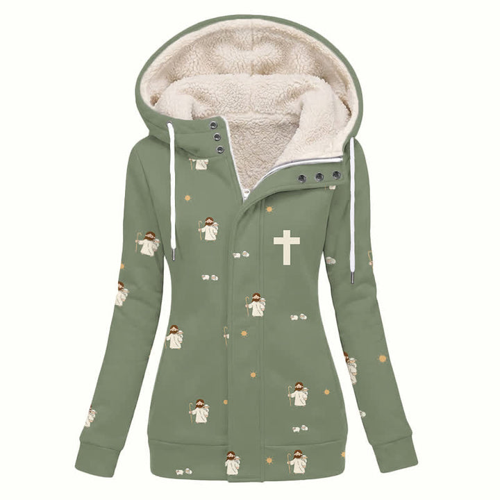 Christianartworkshop Olive Cross Floral Hooded Women's Fleece Coat - US16,UK/AU20,EU48(4XL) - image 0