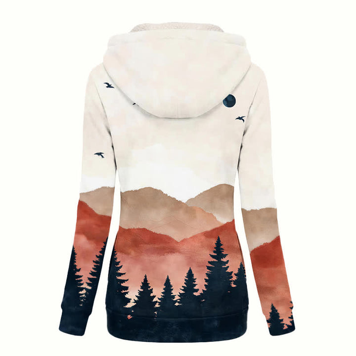 Christianartworkshop Beige Mountain Sunset Sherpa Hooded Women's Fleece Coat - image 1