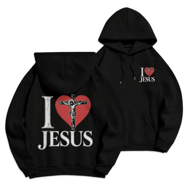 Christianartworkshop I Love Jesus Heart Cross Fleece Lined Hoodie - Black - 2XL - image 3