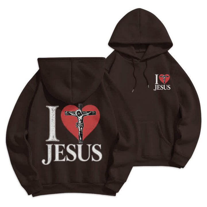 Christianartworkshop I Love Jesus Heart Cross Fleece Lined Hoodie - Brown - 2XL - image 6