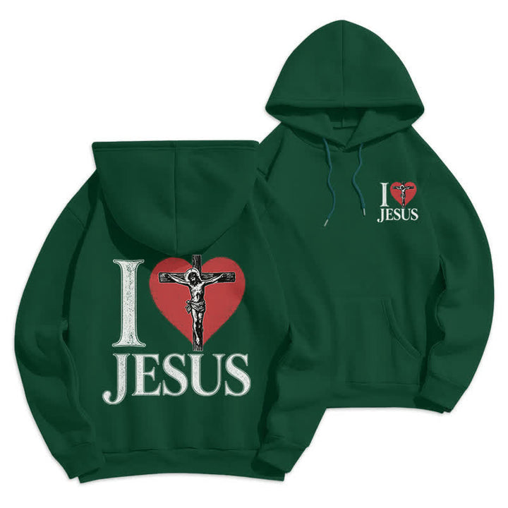 Christianartworkshop I Love Jesus Heart Cross Fleece Lined Hoodie - Green - 2XL - image 18