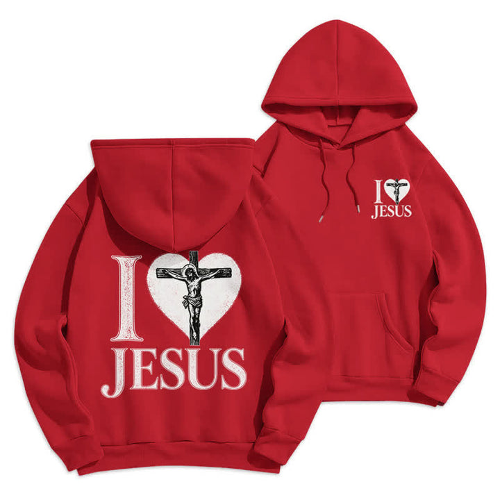 Christianartworkshop I Love Jesus Heart Cross Fleece Lined Hoodie - Red - 2XL - image 12