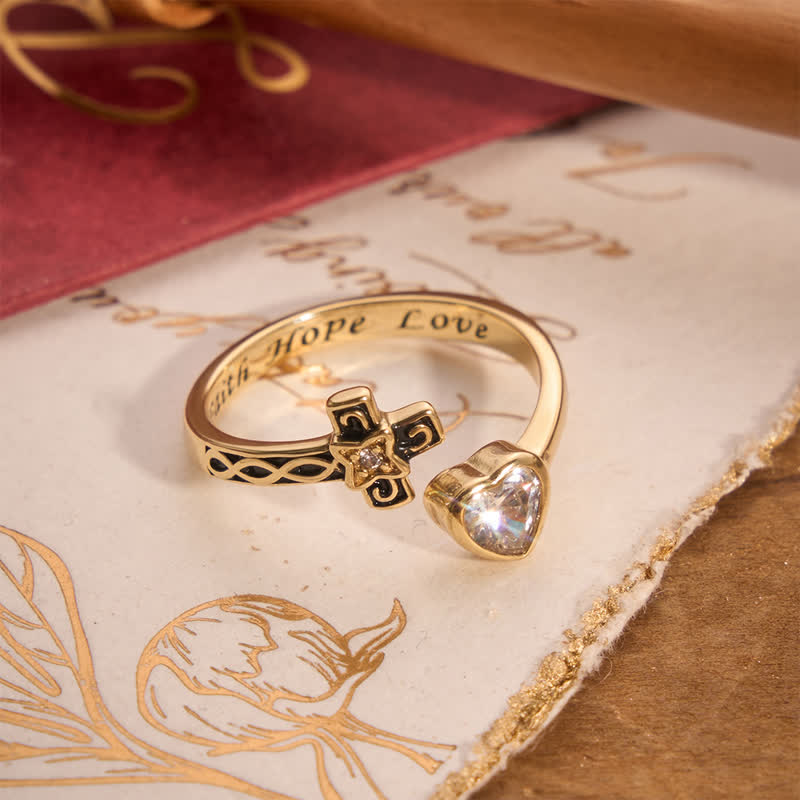 FREE Today: Inscribed Faith Hope Love Cross Heart Ring: Token of Gentle Divine Comfort - Golden(Suitable for US Sizes 6-9) - image 1