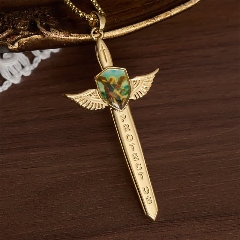 FREE Today: Uplifting Double-Face St. Michael Wing Sword Cross Necklace - Golden - image 0