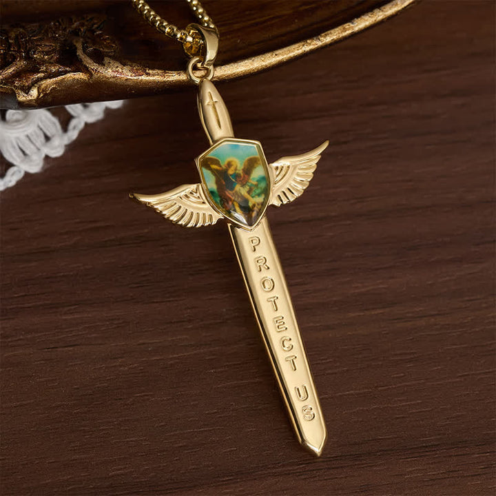 FREE Today: Uplifting Double-Face St. Michael Wing Sword Cross Necklace - Golden - image 0