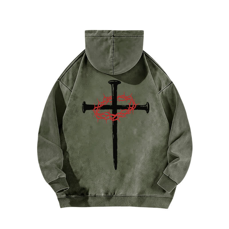 Christianartworkshop Crown Of Thorns Cross Vintage Olive Washed Hoodie - image 1