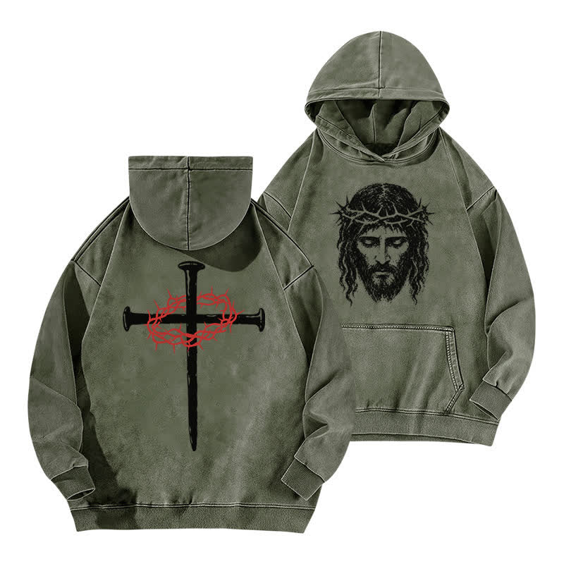 Christianartworkshop Crown Of Thorns Cross Vintage Olive Washed Hoodie - Army Green - 5XL - image 0